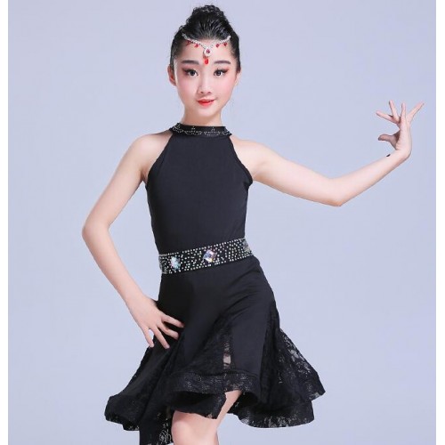 Girls kids latin dance dresses lace mint black red diamond competition salsa chacha dance performance dresses